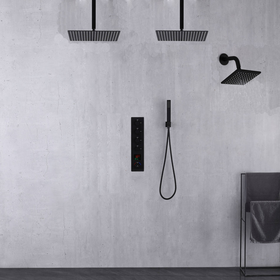 Ceiling Mounted Matte Black 4-Way Digital Thermostatic Shower Faucet with  6-Inch Regular Head, and Dual Rainheads 12-Inch or 16-Inch Size Options
