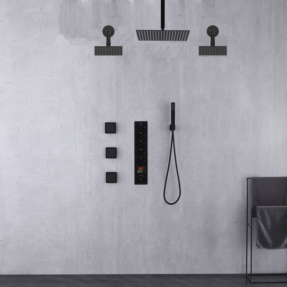 Matte Black Rainfall Shower System: 12" or 16" with 5-Way Thermostatic Valve, Body Jets