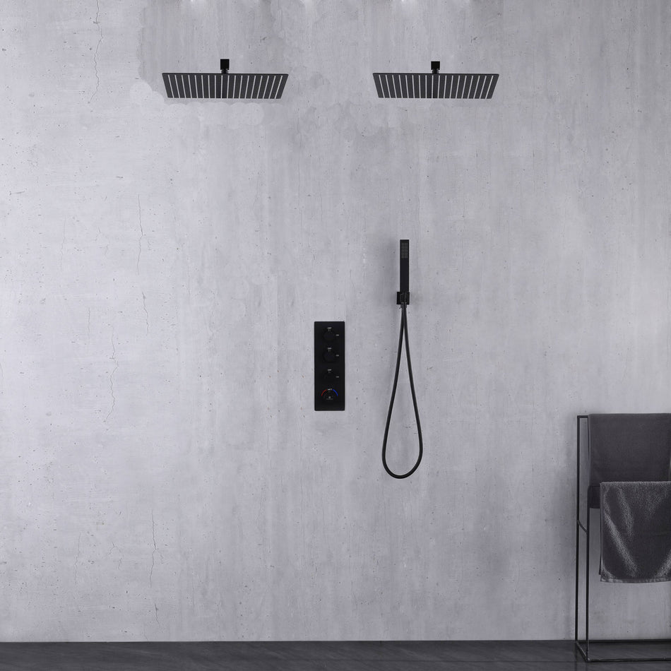 Wall mount 12 inch or 16 inch matte black rainfall shower system 3 way thermostatic Shower faucet