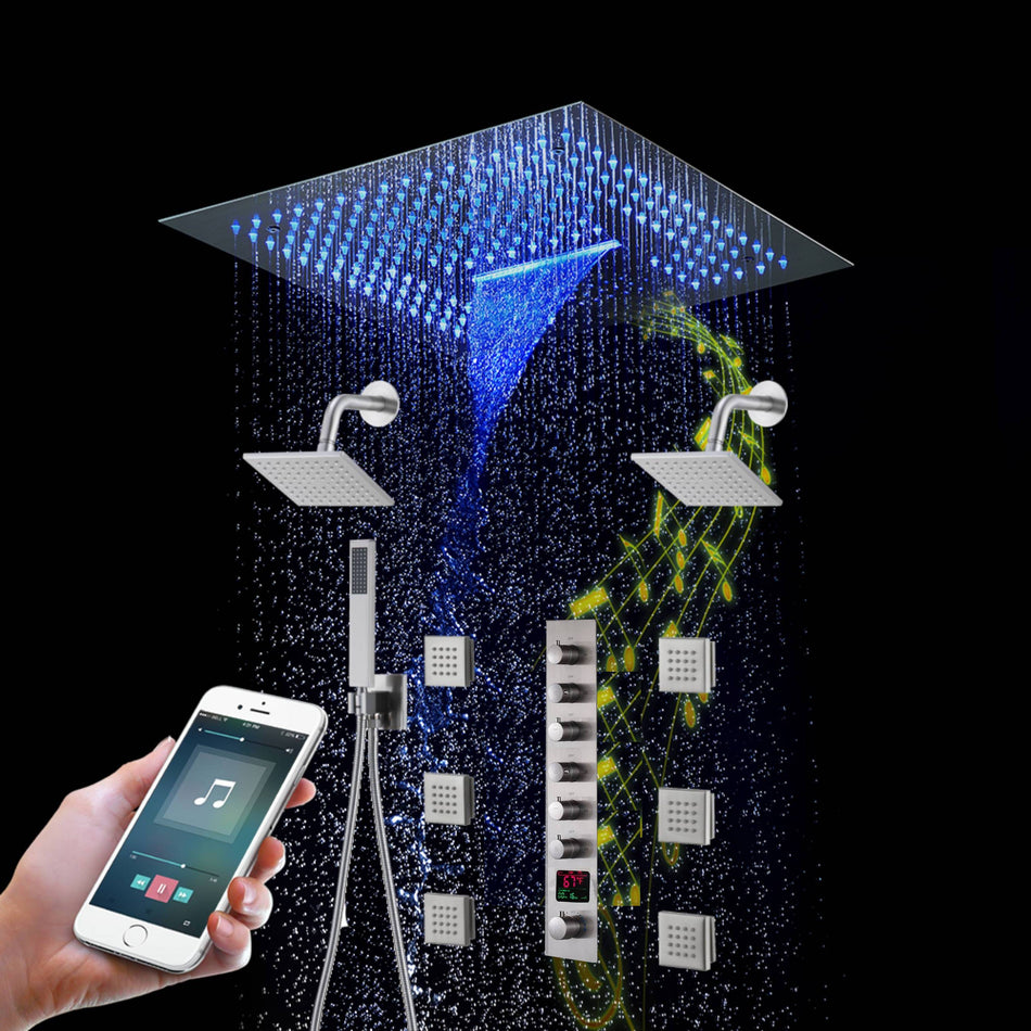 16" Brushed Nickel Flush Mount Shower System: 6-Way Thermostatic Valve, Dual Heads, 6 Body Jets