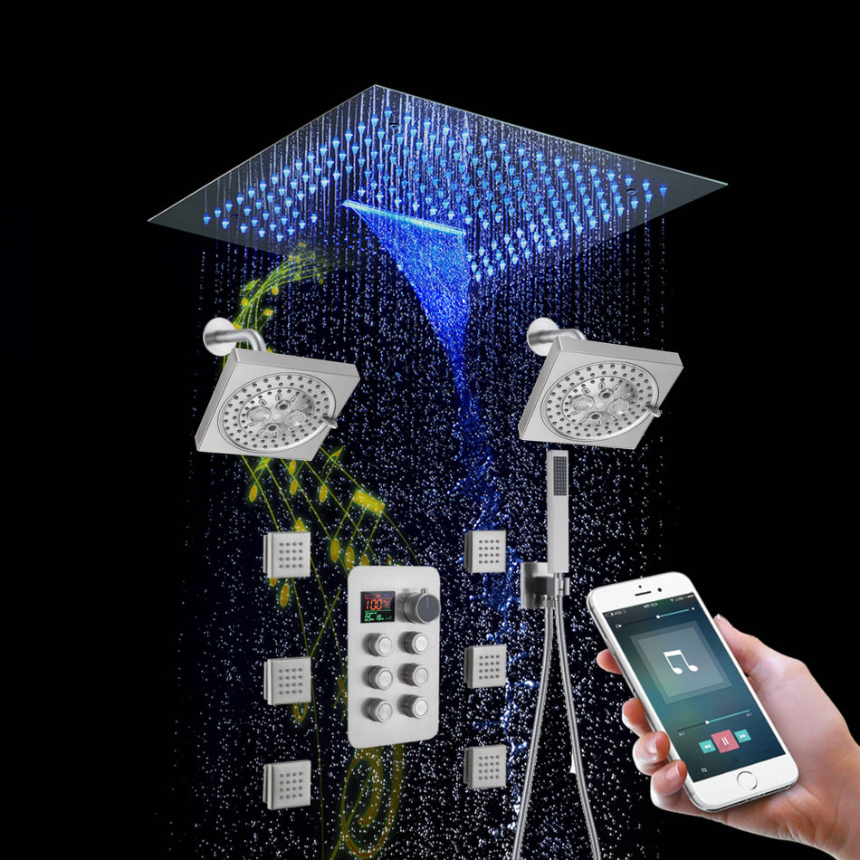 16" Brushed Nickel Flush Mount 6-Way Thermostatic Shower System: Dual Heads, 6 Body Jet