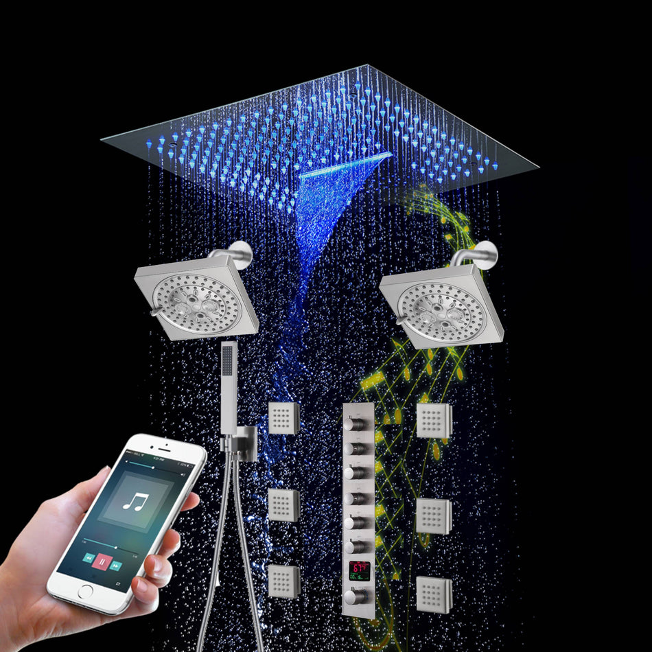 16" Brushed Nickel Flush Mount Shower System: 6-Way Thermostatic Valve, Dual Heads, 6 Body Jets