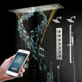 Brushed Gold or Brushed Nickel 35" Bluetooth Music LED Shower System with Waterfall, 6-Way Digital Thermostatic Valve, Dual Regular Head, Touch Panel