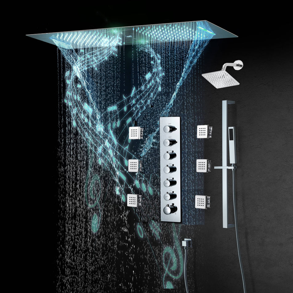 Chrome or matte black or brushed gold or brsuehd nickel 35" Bluetooth Music LED Shower System with Waterfall, 6-Way Thermostatic Valve, Regular Head, 6 Body Jets