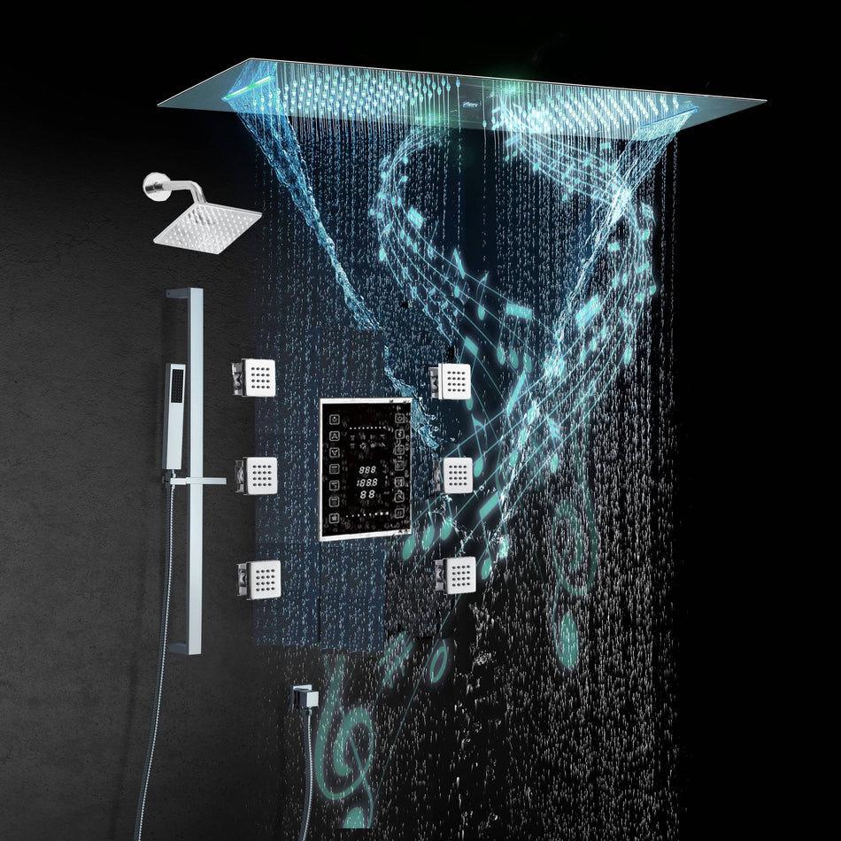 Chrome or brushed gold or brushed nickel or matte black 35" Bluetooth Music LED Shower System with Waterfall, 6-Way Touch Display Thermostatic Valve, Regular Head, 6 Body Jets
