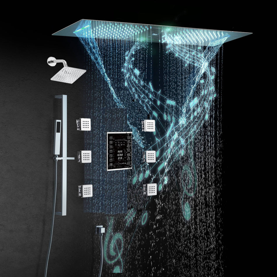 Chrome 35" Bluetooth Music LED Shower System with Waterfall, 6-Way Touch Display Thermostatic Valve, Regular Head, 6 Body Jets