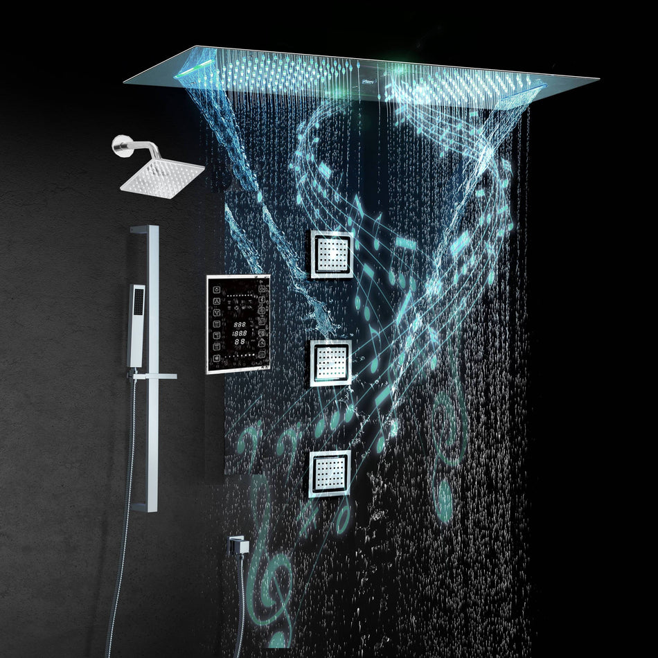 Chrome 35" Bluetooth Music LED Shower System with Waterfall, 6-Way Touch Digital Thermostatic Valve, 3 Body Jets, Regular Head