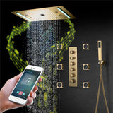 64 LED colors music led flushed in 24x12 inch 3 functions shower head 5 way thermostatic shower faucet with rotate-water massage body jets,4 finish colors options