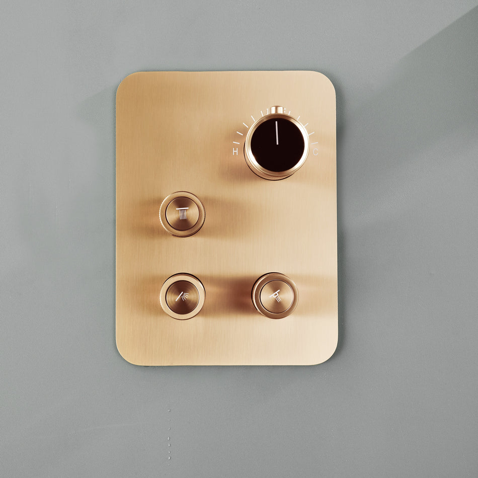 Champagne Bronze 6" Wall Mount High Pressure Shower Head with 20" Flush Mount LED Rainfall Head: 3-Way Thermostatic System