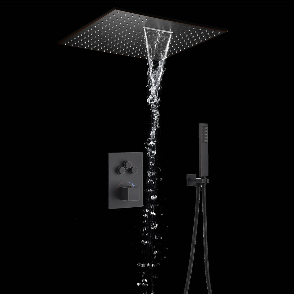 20-inch Rainfall Waterfall Light Ceiling Mounted Oil Rubbed Bronze 3-Way Thermostatic Shower Faucet System