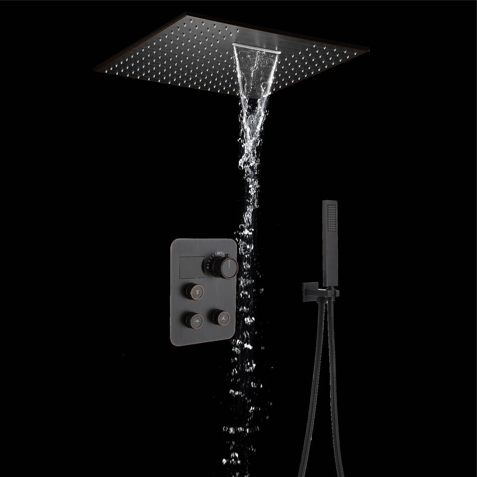 20-inch Rainfall Waterfall Light Ceiling Mounted Oil Rubbed Bronze 3-Way Thermostatic Shower Faucet System