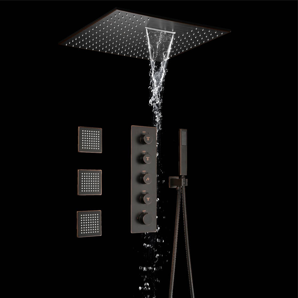 Oil Rubbed Bronze Ceiling Mount 20-Inch Rainfall Waterfall Shower Head with 4-Way Thermostatic System, Body Jets