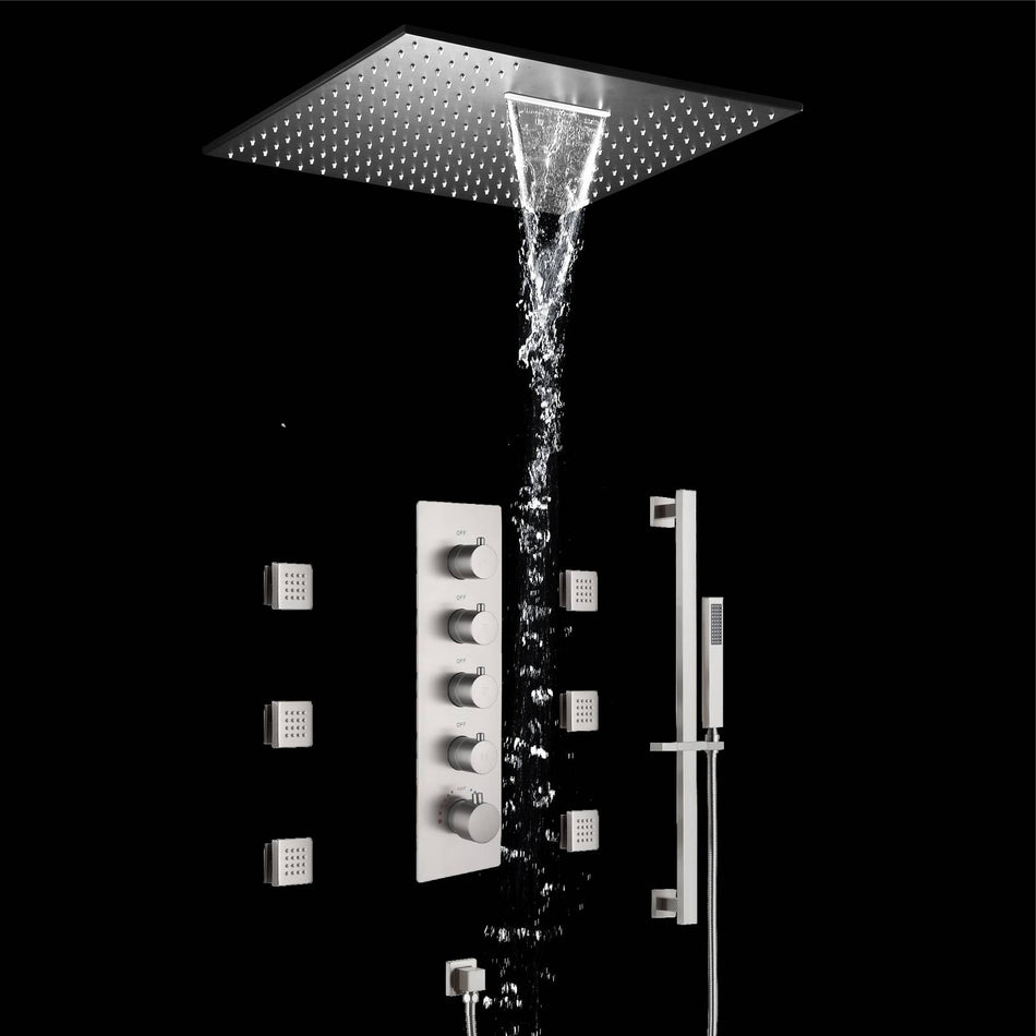 20 inch Brushed nickel ceiling mount rainfall waterfall shower systems 4 way thermostatic valve with 6 body jets and sliding bar