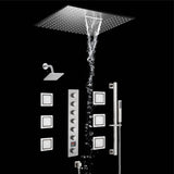20 inch  flush-mount or ceiling mount rainfall waterfall shower systems 6 way thermostatic valve with 6 body jets and sliding bar and  regular head
