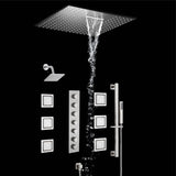 20 inch  flush-mount or ceiling mount rainfall waterfall shower systems 6 way thermostatic valve with 6 body jets and sliding bar and  regular head