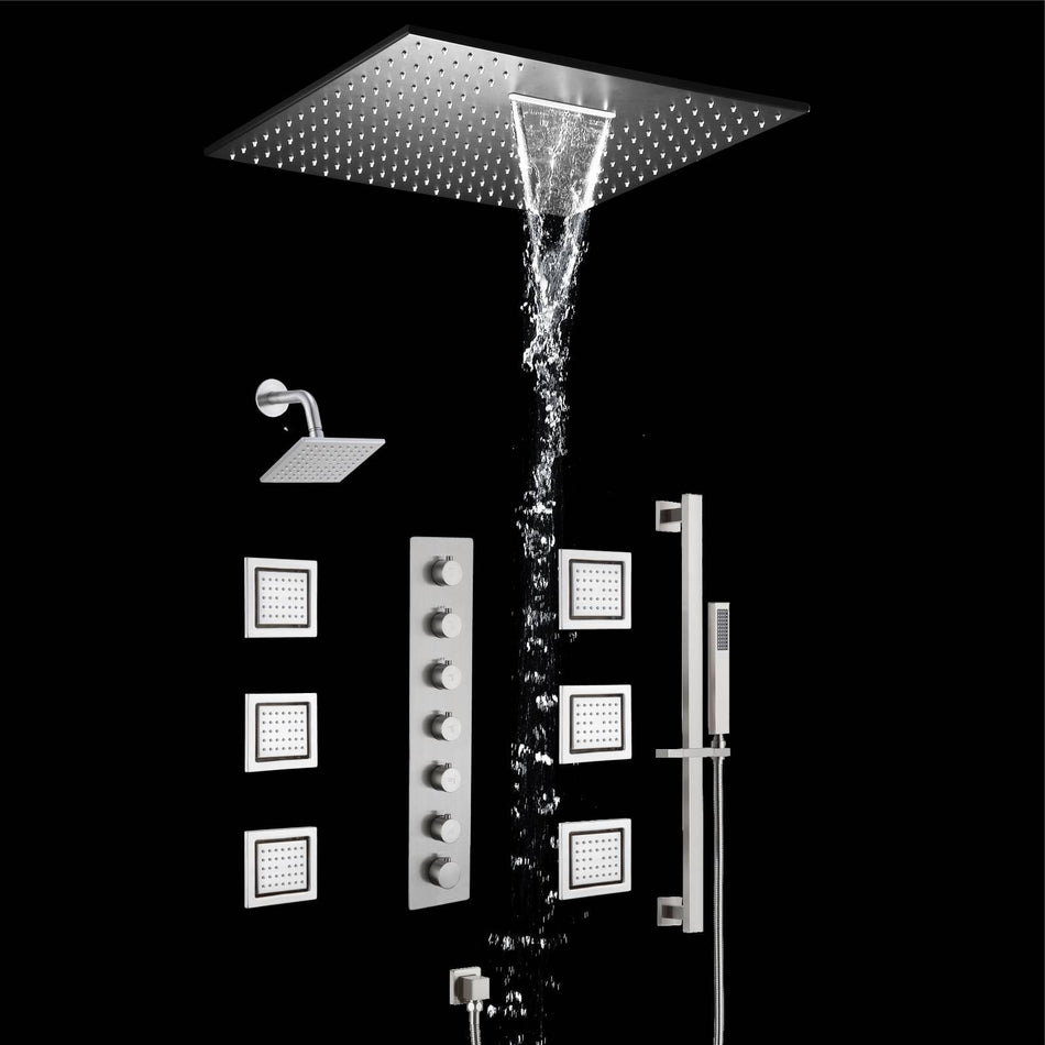 20 inch  flush-mount or ceiling mount rainfall waterfall shower systems 6 way thermostatic valve with 6 body jets and sliding bar and  regular head