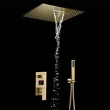20'' or 24'' Rainfall Waterfall Brushed Gold Ceiling-Mounted 3-Way Thermostatic Shower System, 4 valve Opitions