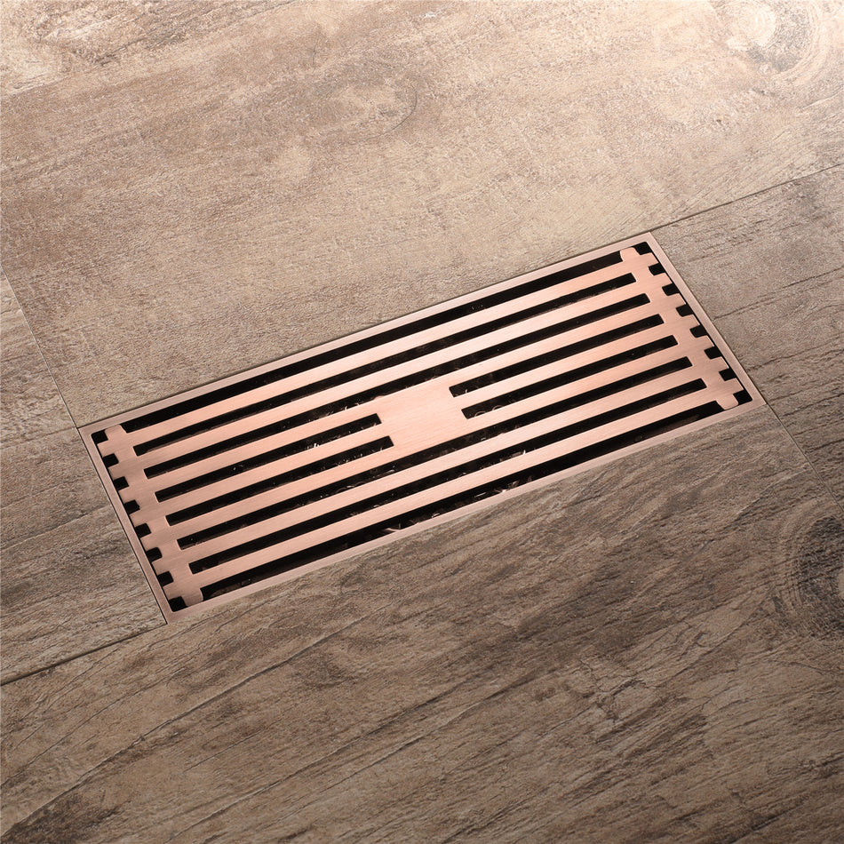 8 Inch Shower Linear Rose Gold Drain Rectangular Floor Drain with Accessories Square Hole Pattern Cover Grate Removable Brushed Nickel Brass