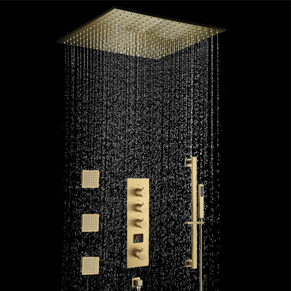 Brushed gold ceiling mount 12 inch or 16 inch or 20 inch rain head 3 way digital display thermostatic shower faucet with large body sprayers