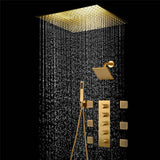 20 inch ceiling mount Brushed gold 4 way  thermostatic shower faucet with high pressure 6 '' head and 4 inch body jets and handle sprayer