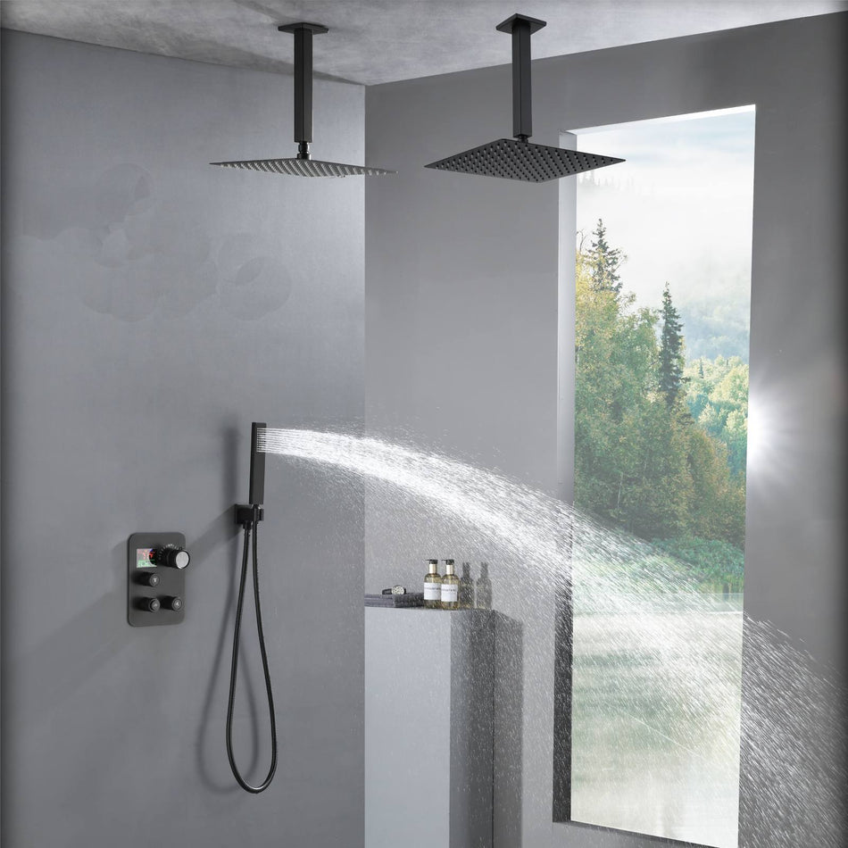 Matte Black ceiling mount 12 or 16 inch rainfall shower head 3 way thermostatic shower faucet