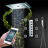 64 LED colors music led flushed in 24x12 inch 3 functions shower head 5 way thermostatic shower faucet with rotate-water massage body jets,4 finish colors options