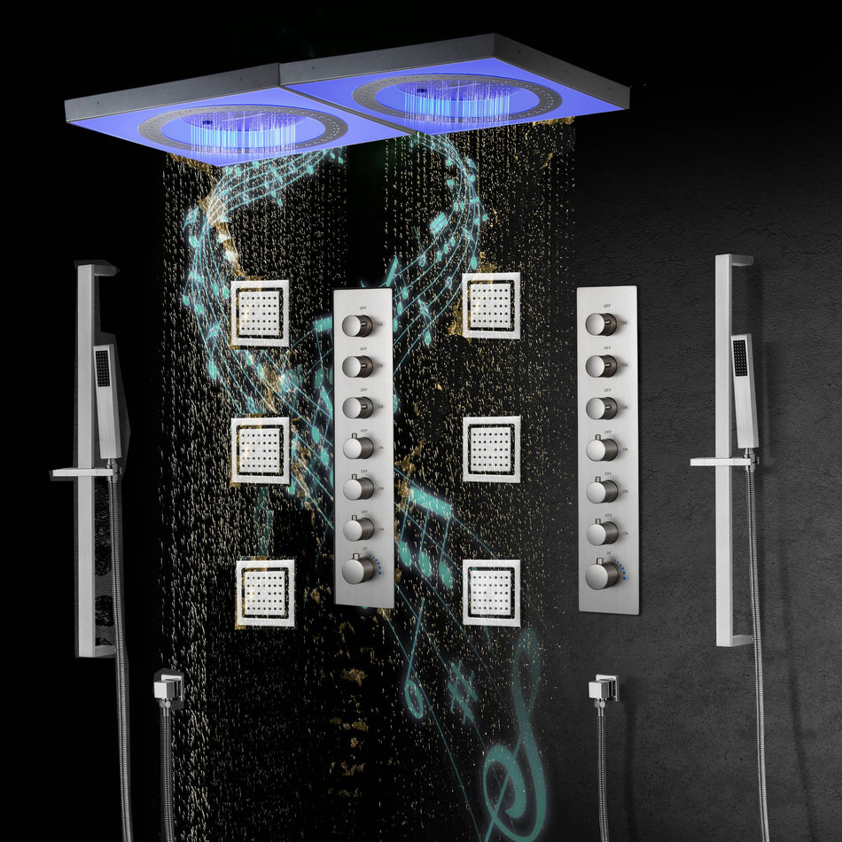 48" x 24" Flush Mount Rainfall Waterfall Shower System with LED, 6-Way Thermostatic Faucet, Dual Regular Heads