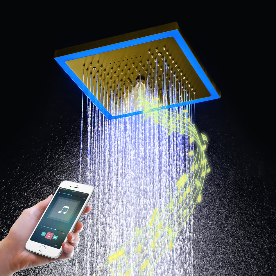 Bluetooth Music Brushed Gold 12-Inch Shower Head: Rainfall, Mist, 64 LED Colors, Flushed Mount