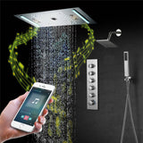 64 LED colors music led flushed in 24x12 inch 3 functions shower head 5 way thermostatic shower faucet with 6'' regular head 4 finish colors options