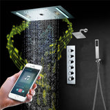 64 LED colors music led flushed in 24x12 inch 3 functions shower head 5 way thermostatic shower faucet with 6'' regular head 4 finish colors options