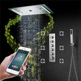 64 LED colors music led flushed in 24x12 inch 3 functions shower head 5 way thermostatic shower faucet with rotate-water massage body jets,4 finish colors options