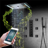 64 LED colors music led flushed in 24x12 inch 3 functions shower head 5 way thermostatic shower faucet with rotate-water massage body jets,4 finish colors options