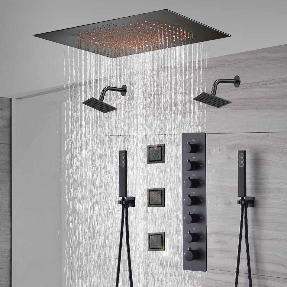 20-Inch or 24-Inch Matte Black Flush Mount Rainfall Shower System: Complete with 6-Way Thermostatic Valve and 3 Body Jets and Dual Regular Heads