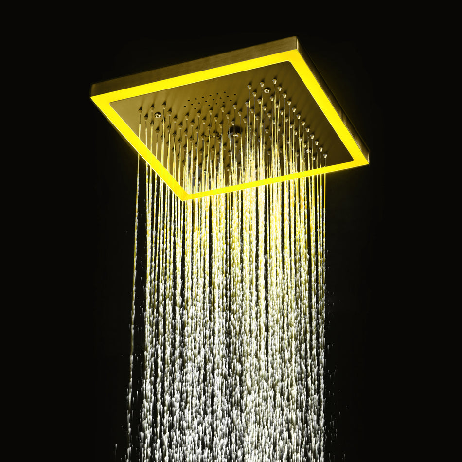 Bluetooth Music Brushed Gold 12-Inch Shower Head: Rainfall, Mist, 64 LED Colors, Flushed Mount