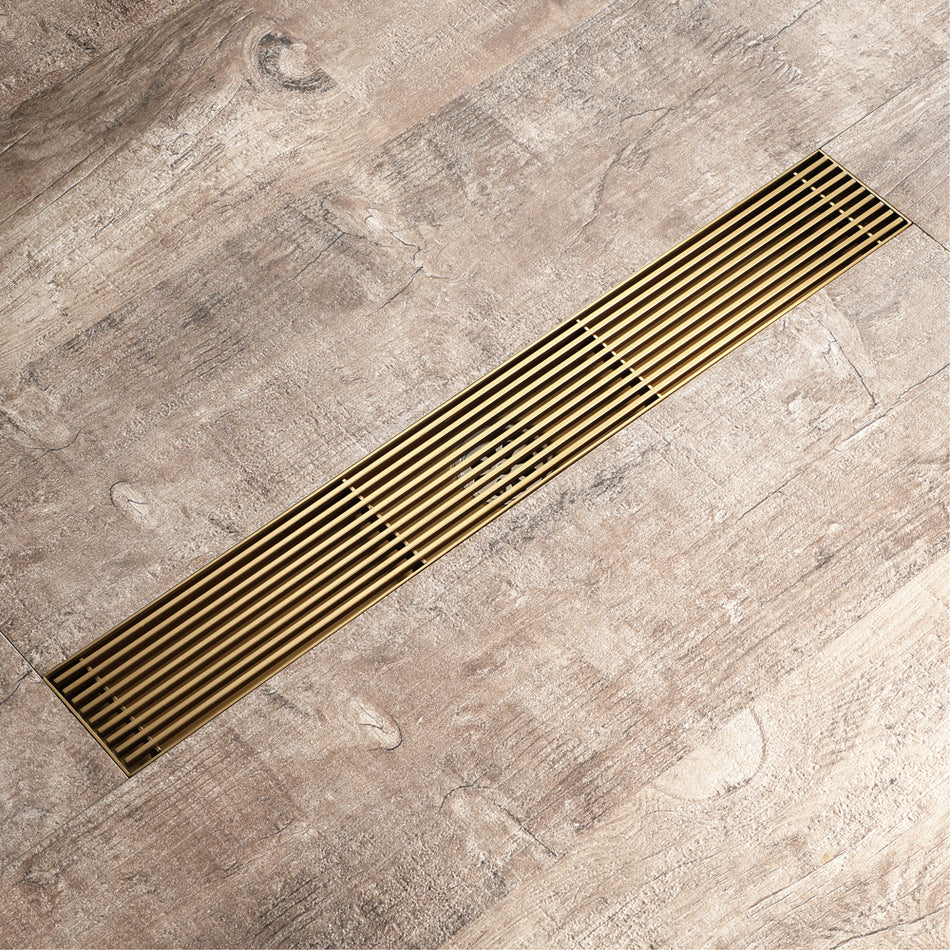 Brushed gold Linear shower drain stainless steel material 35.4 inch with grid cover with hair strainer and adjustment feet