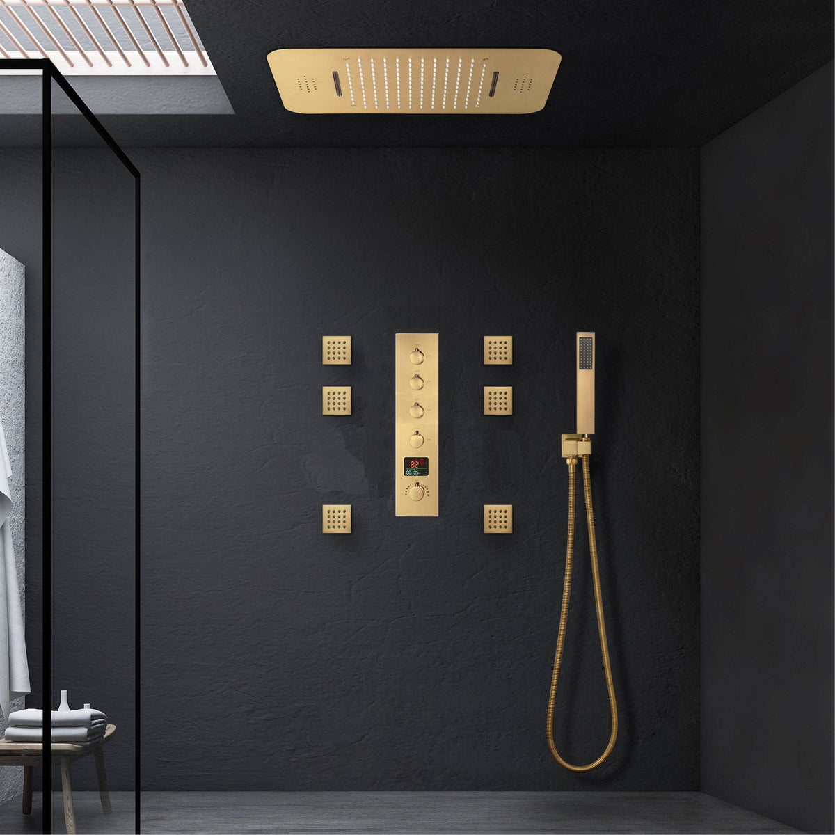 Brushed Gold 23x15 inch LED Music Shower Head with 4-Way Digital Display Thermostatic Shower Faucet for Individual and Combined Functionality - wonderland shower inc