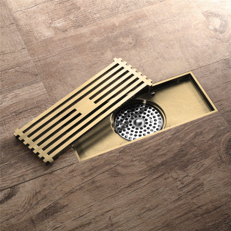 8 x3 Inch or 4 x 4 inch Shower Linear Brushed Gold Drain Rectangular Floor Drain with Accessories Square Hole Pattern Cover Grate Removable  Brushed Gold Brass