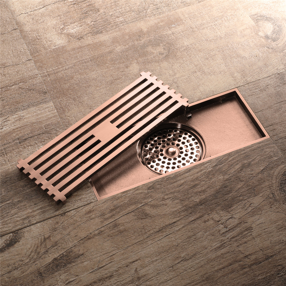 8 Inch Shower Linear Rose Gold Drain Rectangular Floor Drain with Accessories Square Hole Pattern Cover Grate Removable Brushed Nickel Brass