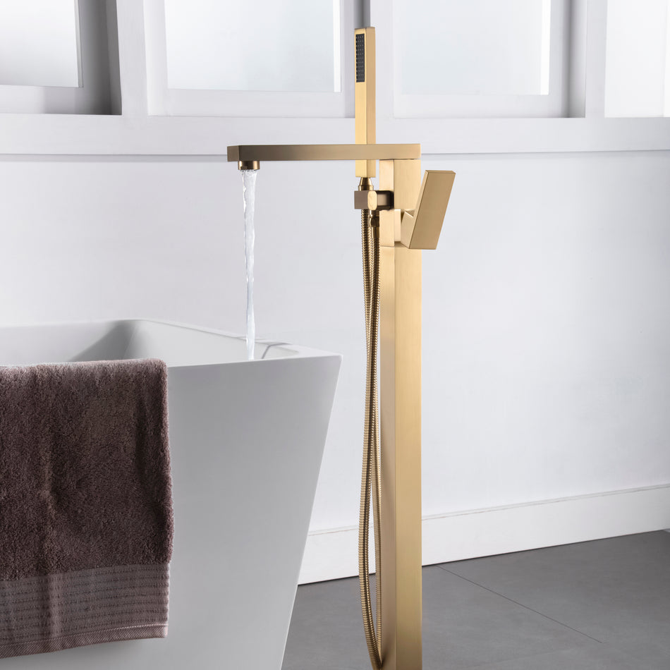 Brushed Gold Finish Floor Mount Freestanding Tub Filler Faucet: Complete with a Single Handle and Hand Shower