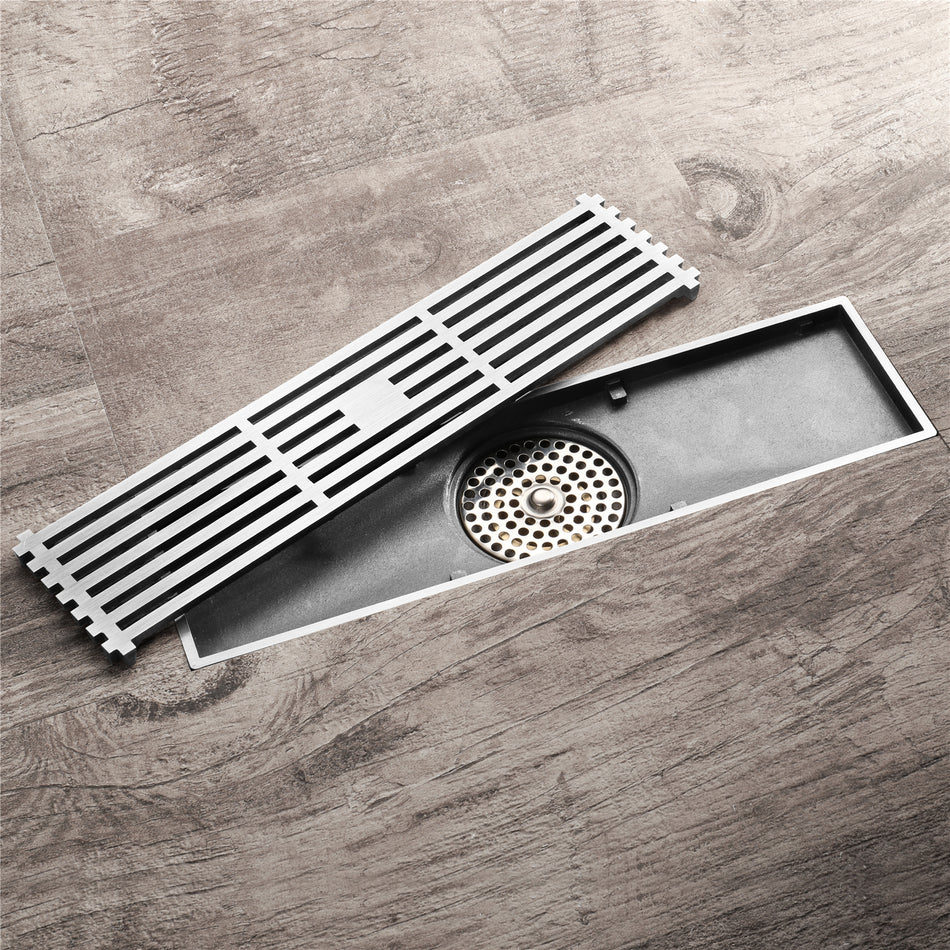 12-Inch Matte Black Rectangular Floor Drain - Square Hole Pattern Cover Grate - Removable - Includes Accessories