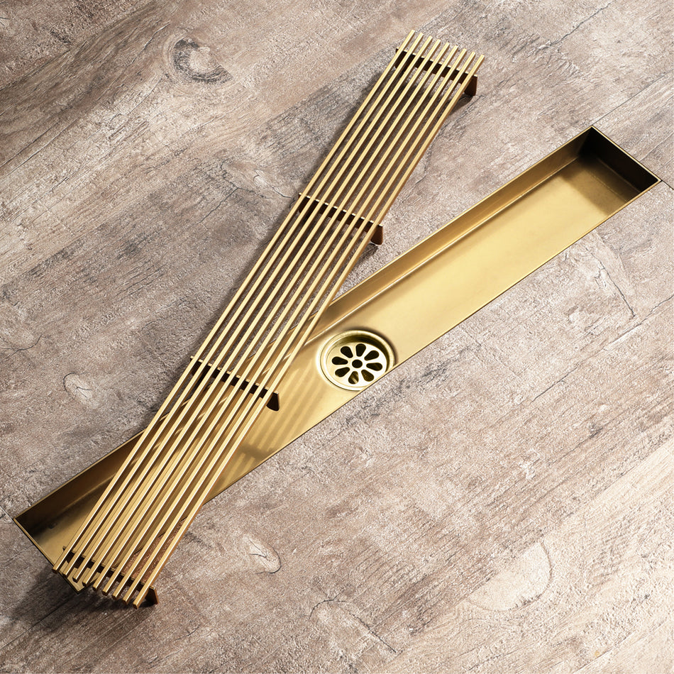 Brushed gold Linear shower drain stainless steel material 35.4 inch with grid cover with hair strainer and adjustment feet