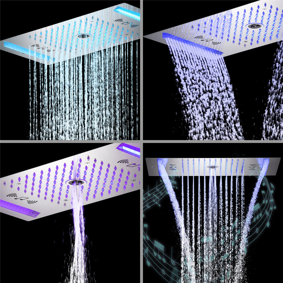 64 LED colors music led flushed in 24x12 inch 3 functions shower head 4 way thermostatic shower faucet ,4 finish colors options