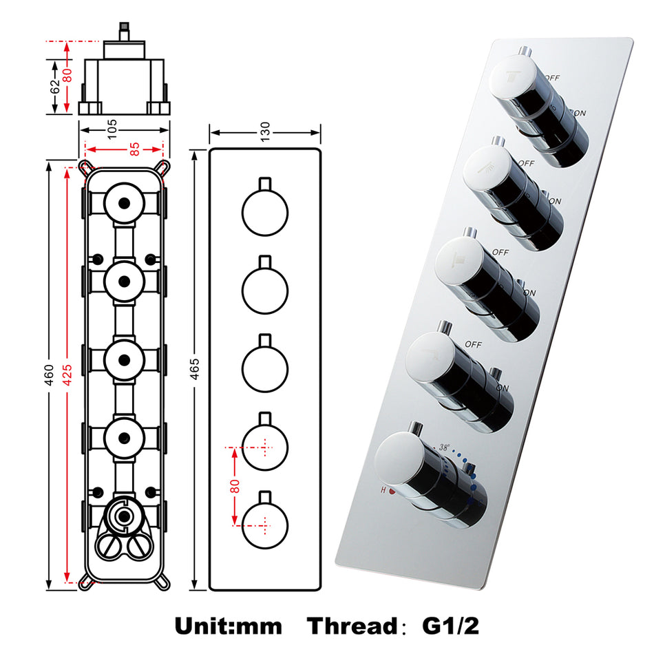 3 way or 4-Way Thermostatic Rough-In Valve with Trim, available in Matte Black, Brushed Nickel, Chrome, and Brushed Gold