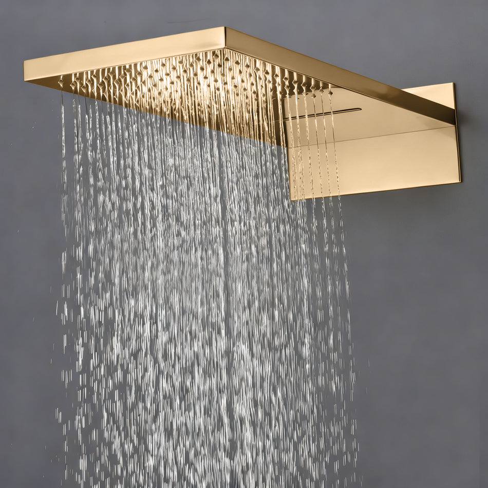 22-Inch Rainfall Waterfall Champagne Bronze 3-Way Thermostatic Shower System: Featuring a rainfall waterfall head with Simultaneous and Independent Functionality