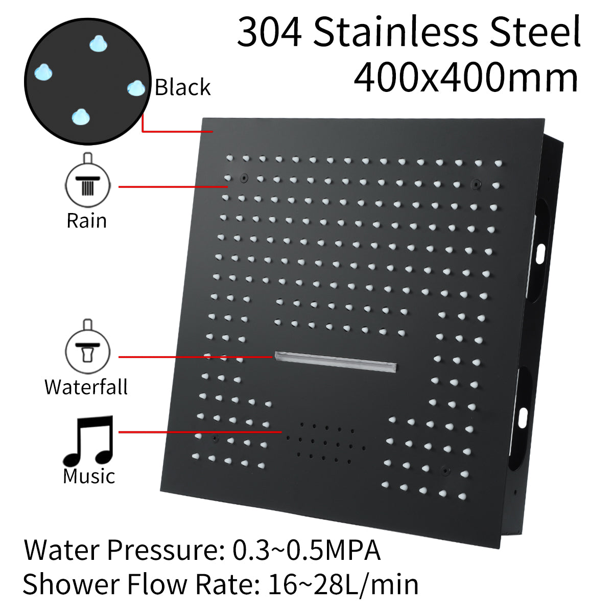 16-Inch Matte Black Thermostatic Shower Faucet: Flush-Mounted, 64-Color LED Lighting, Bluetooth Music, 4-Way Control, and 6 Body Jet Features - wonderland shower inc