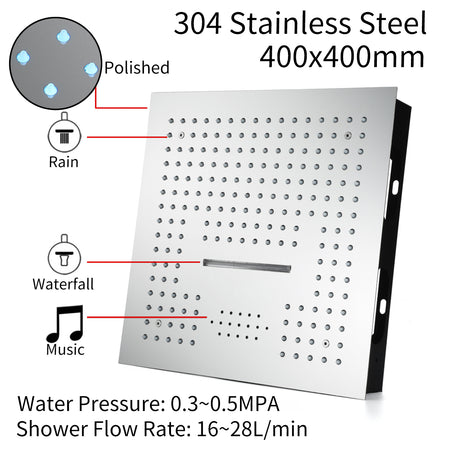 16-Inch Chrome Thermostatic Shower Faucet: Flush-Mounted, 64-Color LED Lighting, Bluetooth Music, 4-Way Control, and 4-Inch Body Jet Features - wonderland shower inc