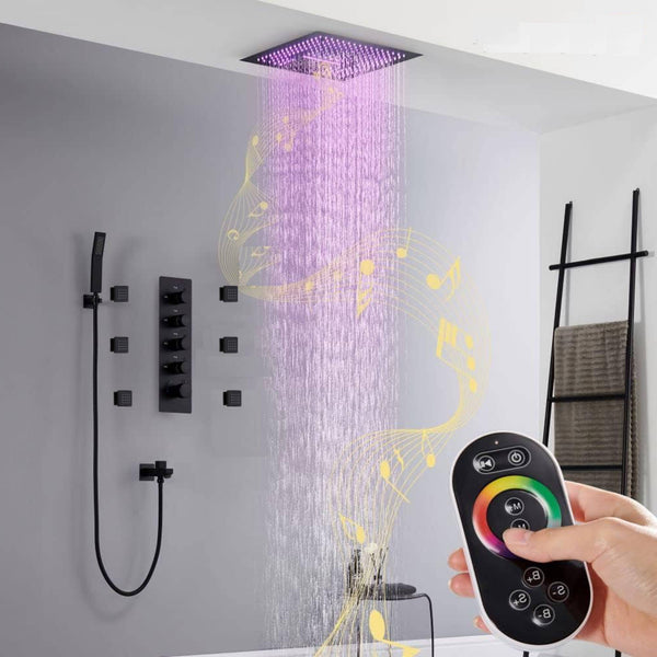 16-Inch Matte Black Thermostatic Shower Faucet: Flush-Mounted, 64-Color LED Lighting, Bluetooth Music, 4-Way Control, and 6 Body Jet Features - wonderland shower inc