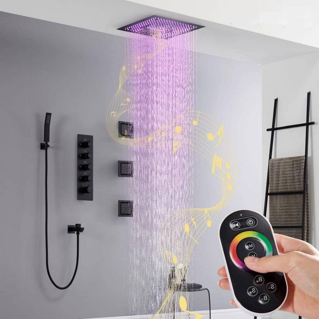 16-Inch Matte Black Thermostatic Shower Faucet: Flush-Mounted, 64-Color LED Lighting, Bluetooth Music, 4-Way Control, and 4-Inch Body Jet Features - wonderland shower inc
