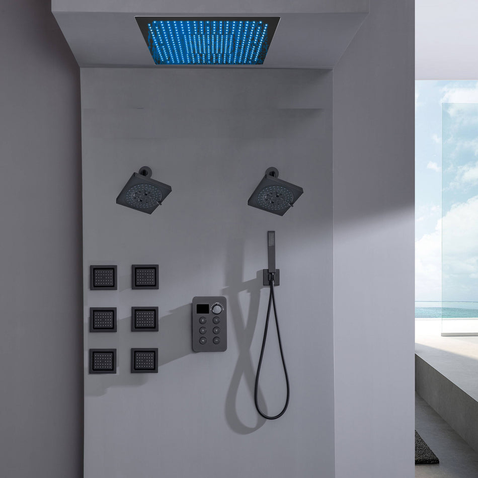 Flush Mount Shower Head with 6-Way Digital Faucet, Dual 6" Regular Head, 6 Body Jets