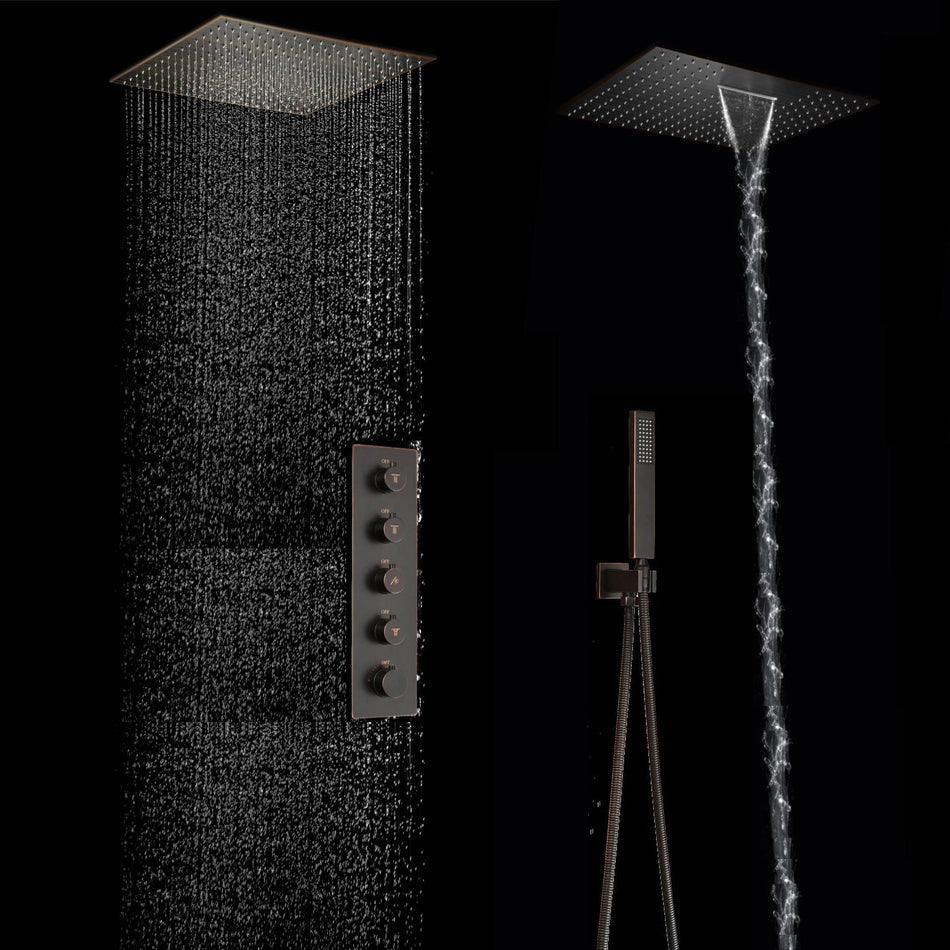 Oil Rubbed Bronze Ceiling Mount 20-Inch Rainfall Waterfall Shower Head with 4-Way Thermostatic System with second 20-Inch Rainfall Shower Head